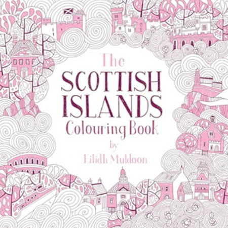 Cover of The Scottish Islands Colouring Book with pink and white illustrated buildings, trees, and swirls framing the title.