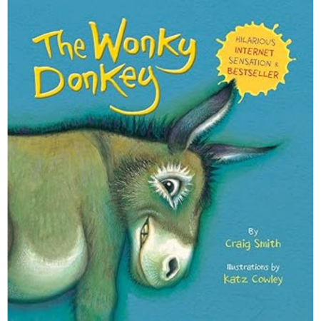 Book cover for The Wonky Donkey shows a cartoon donkey with a crooked smile on blue. A yellow starburst highlights the bestseller status. Author: Craig Smith, illustrated by Katz Cowley.