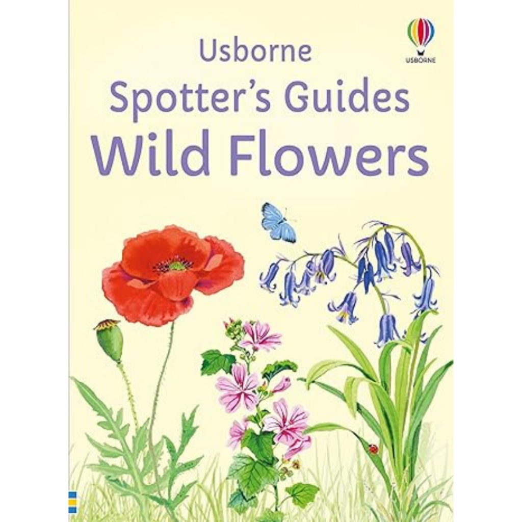 Book cover titled Spotter's Guides: Wild Flowers, featuring illustrations of a red poppy, wildflowers, bluebells, butterfly, and grass on a light yellow background.