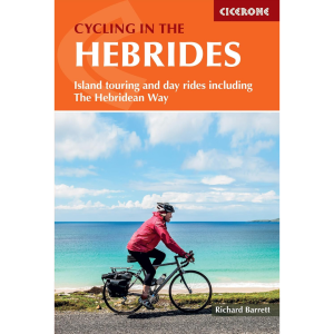 A person in a red jacket cycles on a coastal road beside the sea and sky. The book cover title is Cycling in the Hebrides by Richard Barrett.