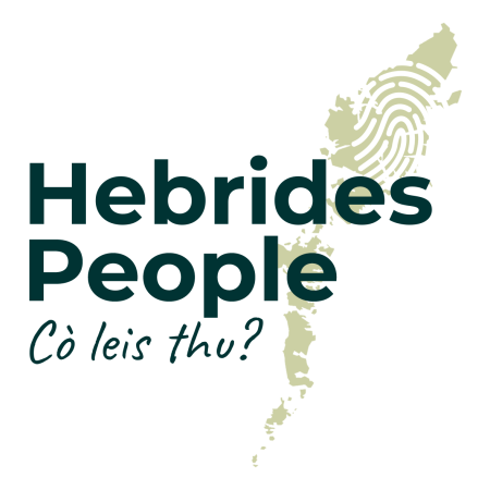 Text reads Hebrides People, Cò leis thu? on a green Hebrides map with fingerprint overlay, spotlighting Board Recruitment opportunities.