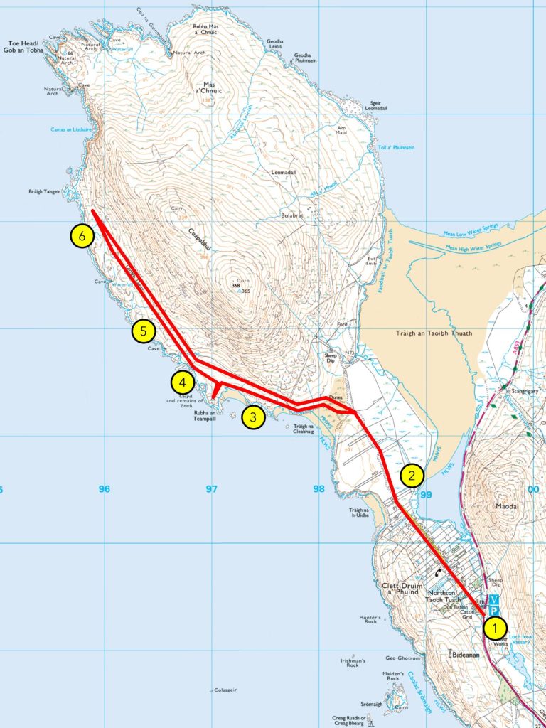 A topographic map with a red route from point 1 (southeast) to point 6 (northwest), crossing mountains and markers 2–6 along the coast.