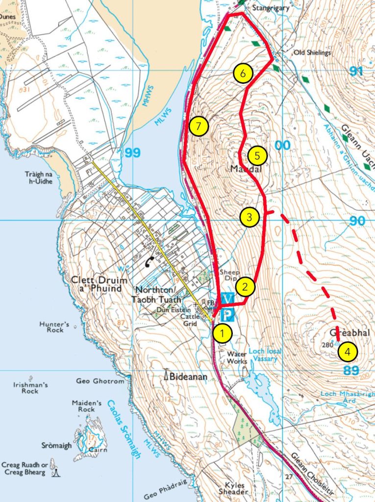 A topographic map with a numbered walking route (1–7) follows water and climbs a hill through North Tolsta, ending at Stangaigil.